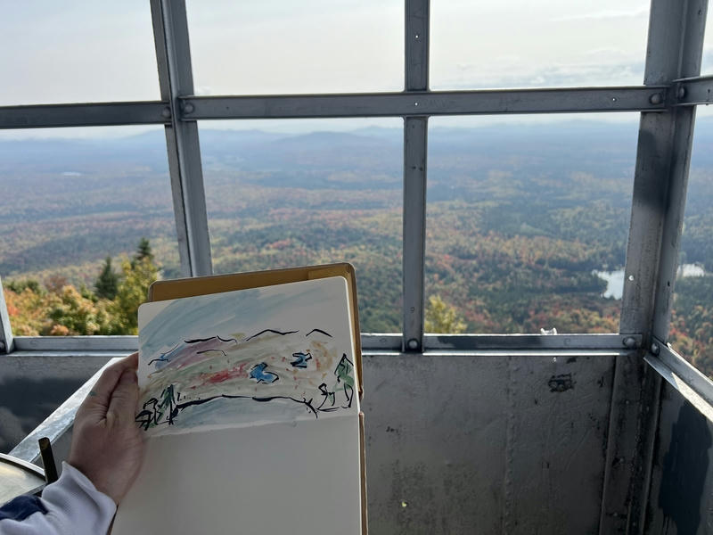 sketching the scenery at Azure Mountain fire tower