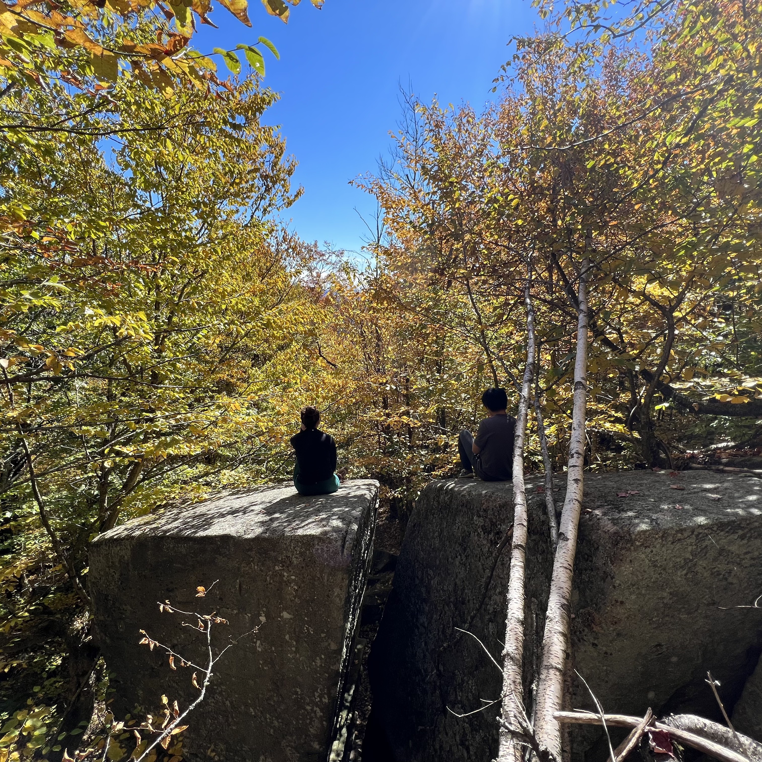 2 guests sitting on a rock outcropping during an autumn hike